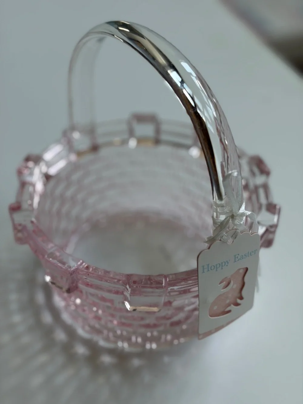 brand new Barely-Pink Clear Glass EASTER BASKET Candy Dish